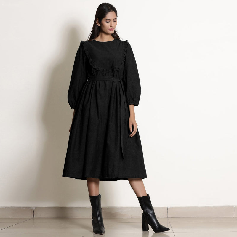 Black Cotton Flax Frilled Midi Yoke Dress