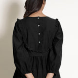 Black Cotton Flax Frilled Midi Yoke Dress