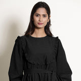 Black Cotton Flax Frilled Midi Yoke Dress