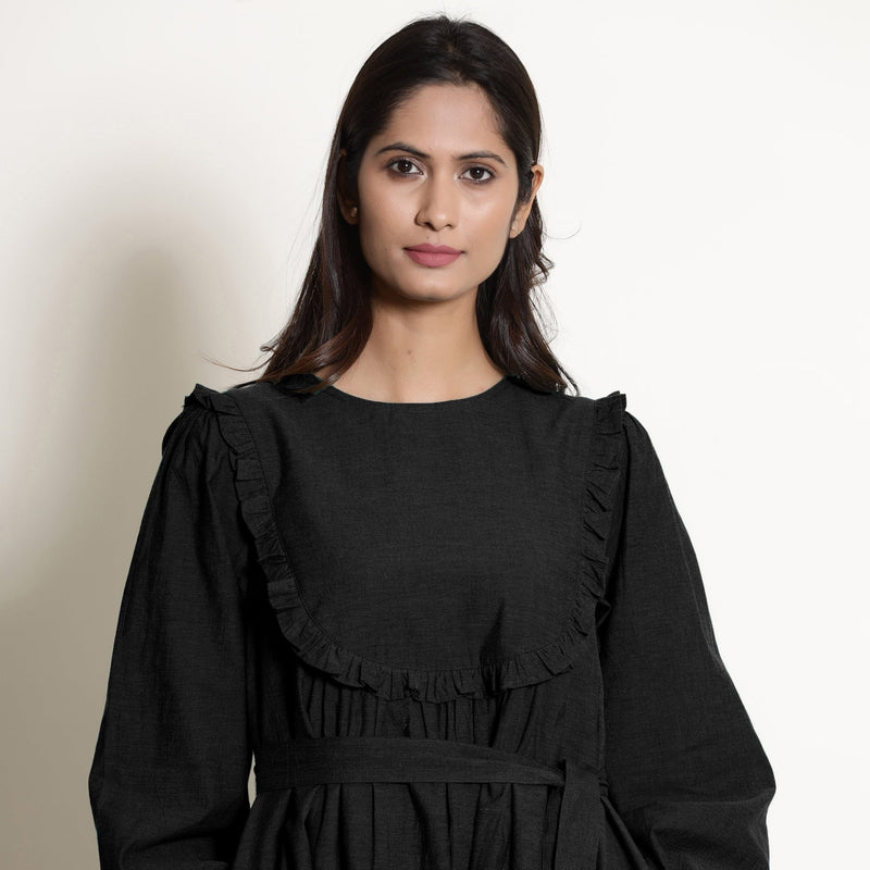 Black Cotton Flax Frilled Midi Yoke Dress