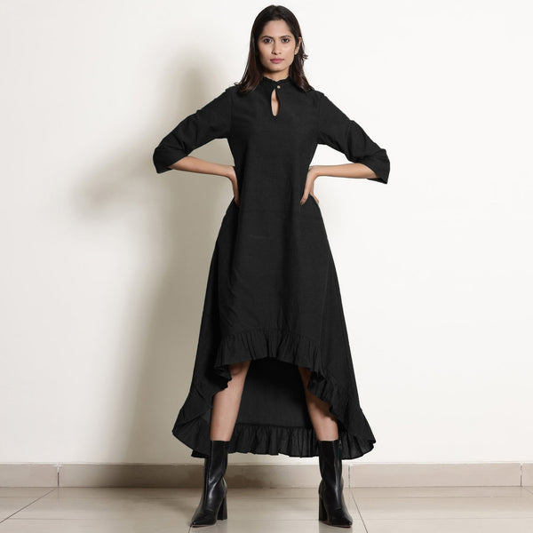 Black Cotton Flax Frilled Neck Ankle Length Dress 44