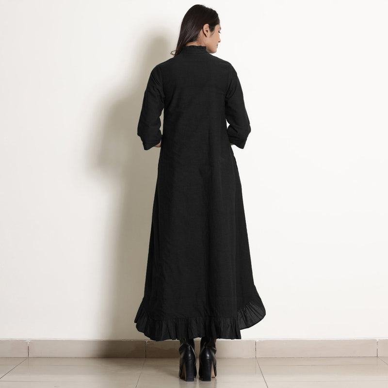 Black Cotton Flax Frilled Neck Ankle Length Dress
