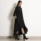 Black Cotton Flax Frilled Neck Ankle Length Dress