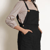 Black Cotton Flax Frilled Waist Short Romper