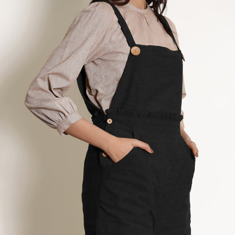 Black Cotton Flax Frilled Waist Short Romper