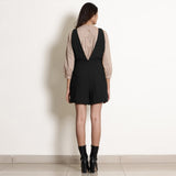 Black Cotton Flax Frilled Waist Short Romper