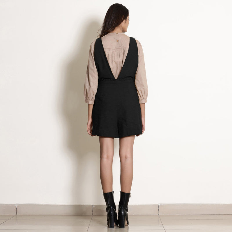 Black Cotton Flax Frilled Waist Short Romper
