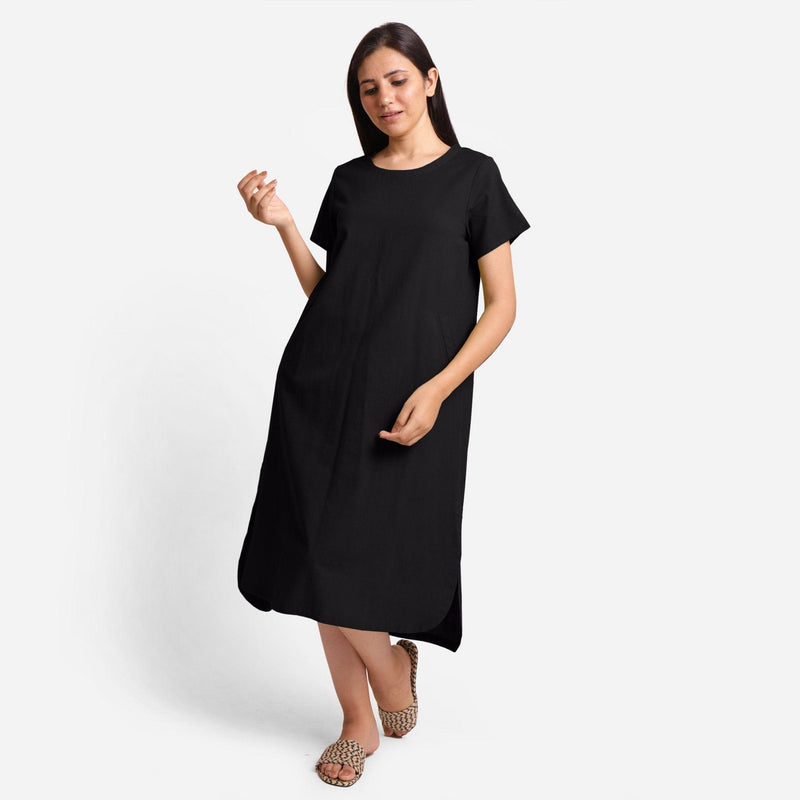 Black Cotton Flax High-Low Midi Shift Dress 62" / Petite (5'1" and below) Black Cotton Flax High-Low Midi Shift Dress 62" / Petite (5'1" and below)