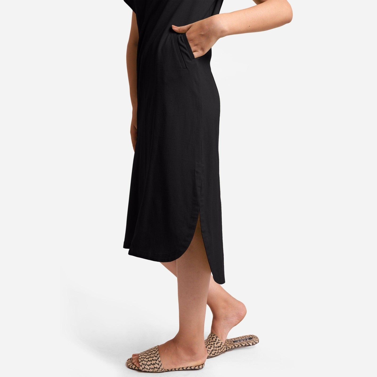 chinese dress ladies Black Cotton Flax High-Low Midi Shift Dress 40