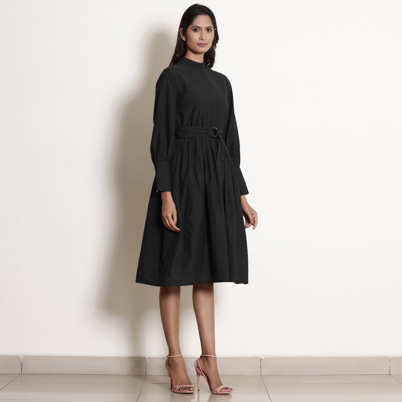 Black Cotton Flax High Neck Knee Length Fit and Flare Dress 68" / Tall (5'7" and above) Black Cotton Flax High Neck Knee Length Fit and Flare Dress 68" / Tall (5'7" and above)