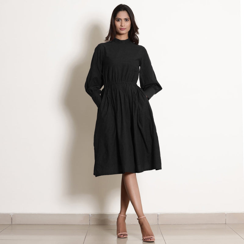 Black Cotton Flax High Neck Knee Length Fit and Flare Dress 36" / Custom Height (Free) Black Cotton Flax High Neck Knee Length Fit and Flare Dress 36" / Custom Height (Free)