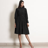 Black Cotton Flax High Neck Knee Length Fit and Flare Dress