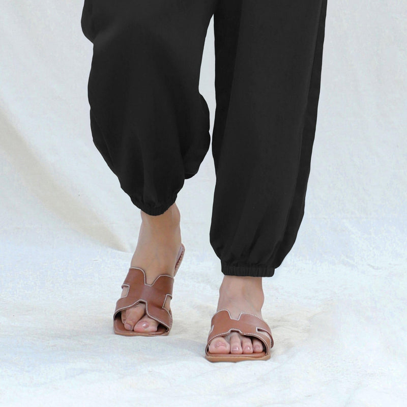 Black Cotton Flax High-Rise Elasticated Jogger Pant