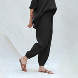 Black Cotton Flax High-Rise Elasticated Jogger Pant