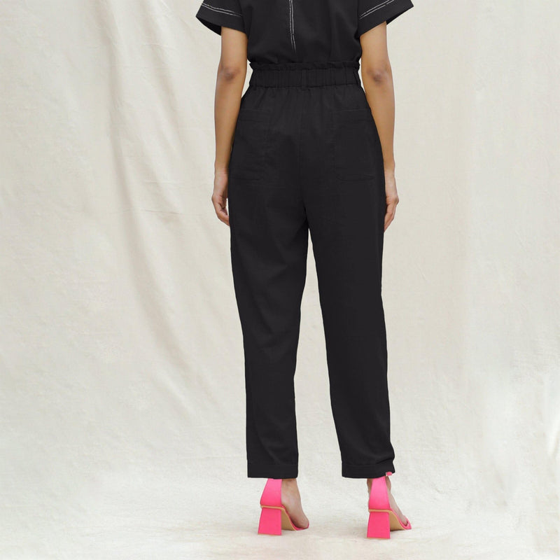 Black Cotton Flax High-Rise Elasticated Paperbag Pant