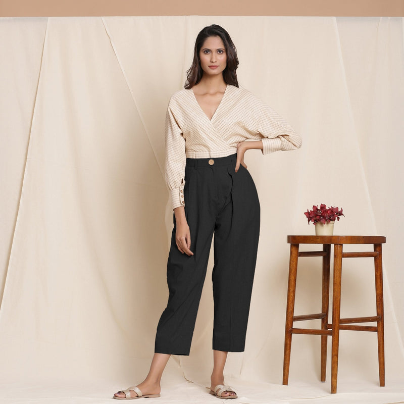 Black Cotton Flax High-Rise Pegged Chino Pant