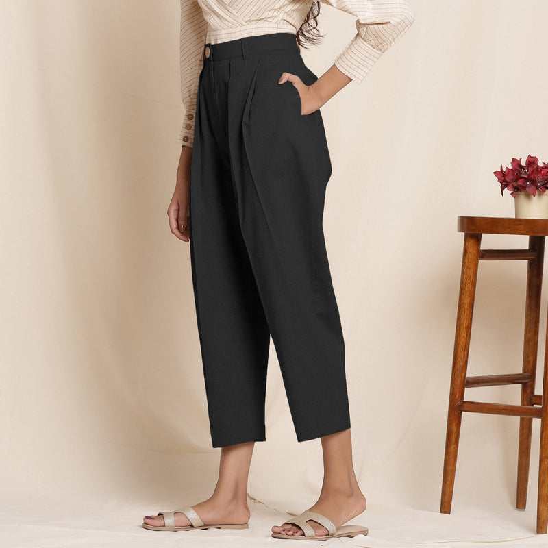 Black Cotton Flax High-Rise Pegged Chino Pant