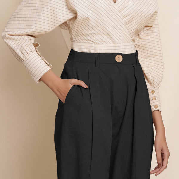 Black Cotton Flax High-Rise Pegged Chino Pant
