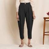 Black Cotton Flax High-Rise Pegged Chino Pant