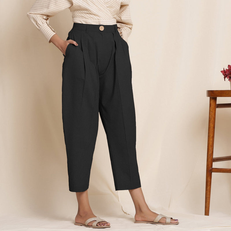 Black Cotton Flax High-Rise Pegged Chino Pant