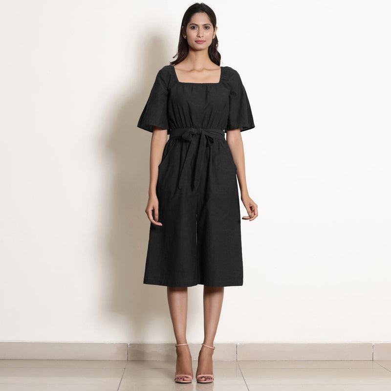Black Cotton Flax Knee Length Jumpsuit 40" / Petite (5'1" and below) Black Cotton Flax Knee Length Jumpsuit 40" / Petite (5'1" and below)