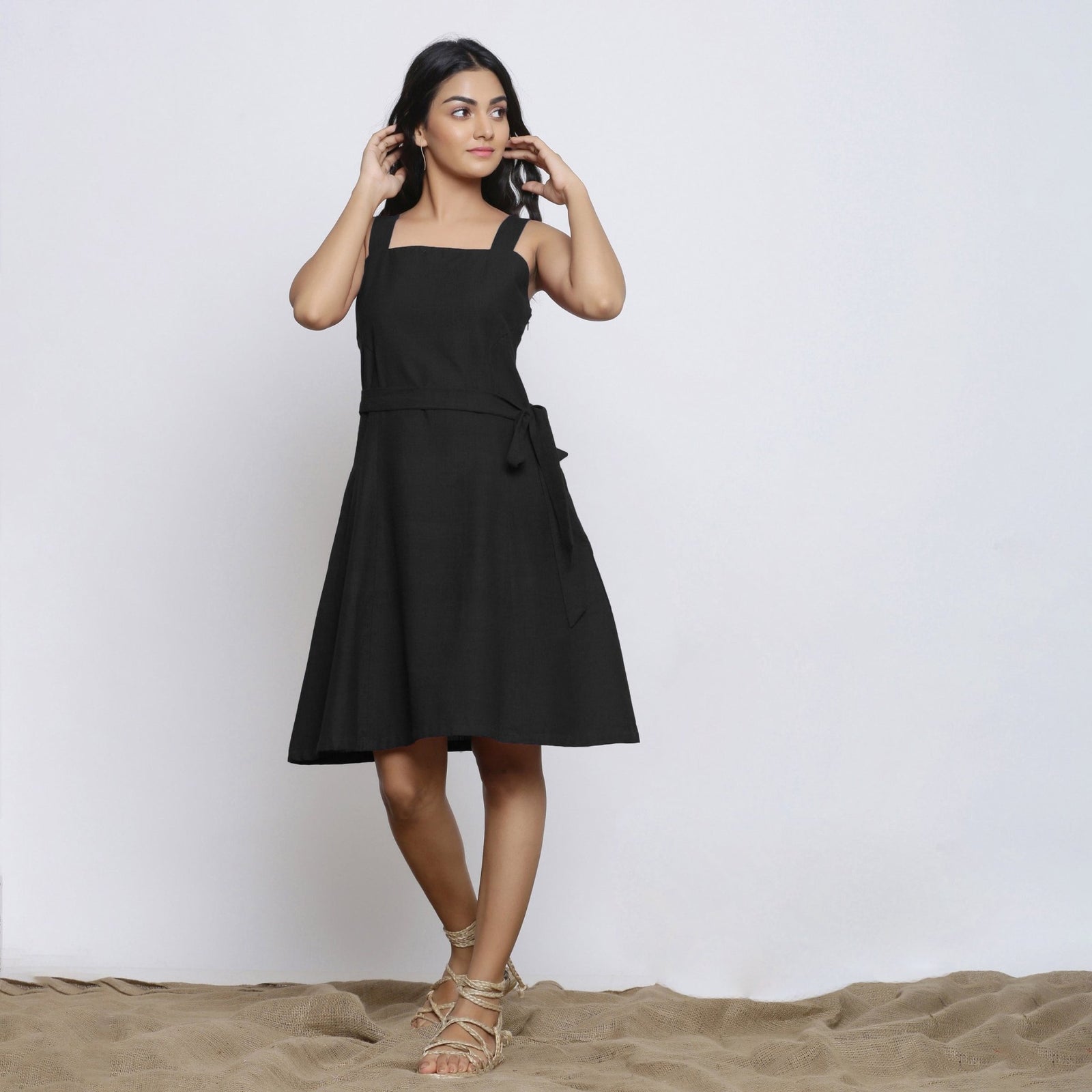Black Cotton Flax Knee Length Princess Line Dress 60" / Petite (5'1" and below) Black Cotton Flax Knee Length Princess Line Dress 60" / Petite (5'1" and below)