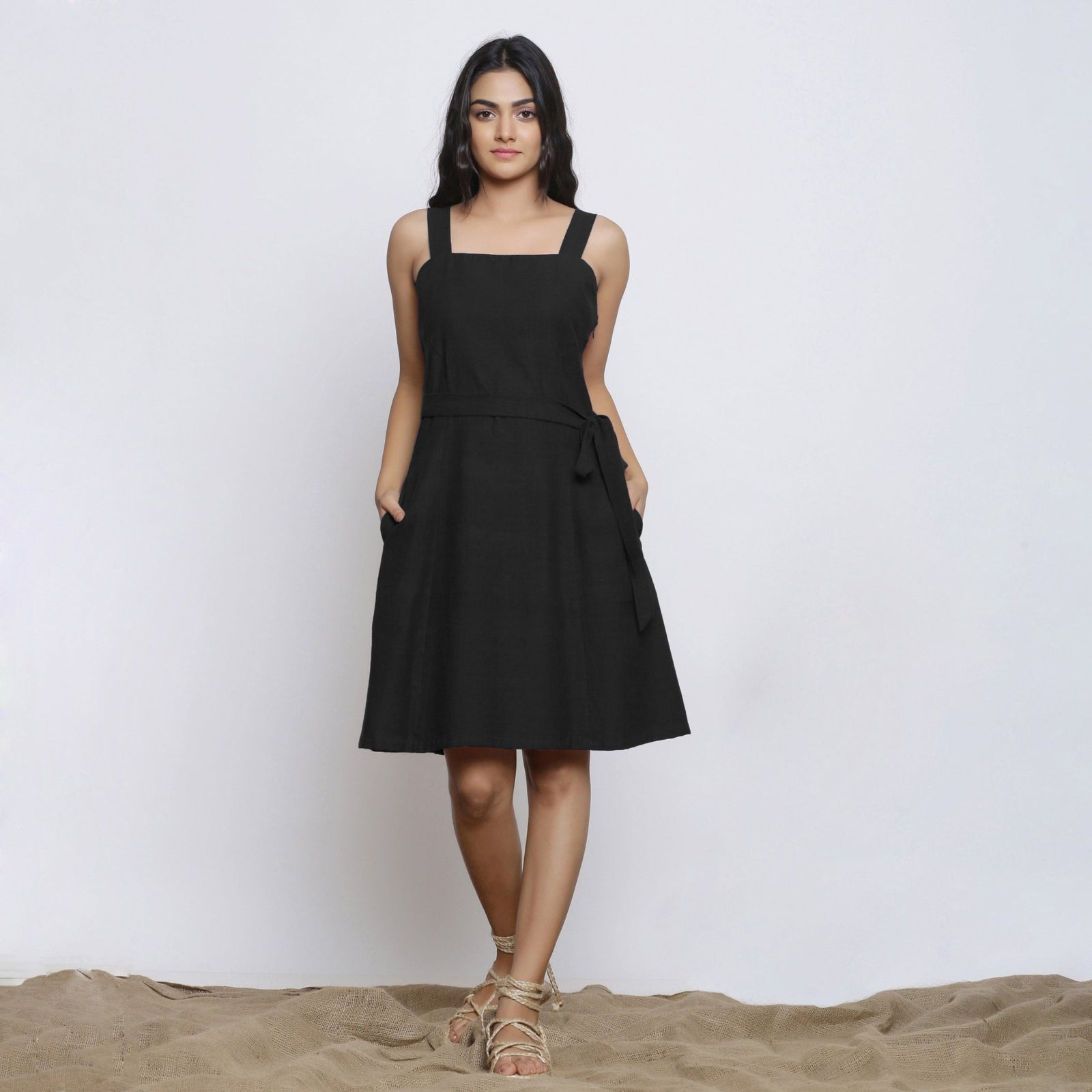 Black Cotton Flax Knee Length Princess Line Dress 60