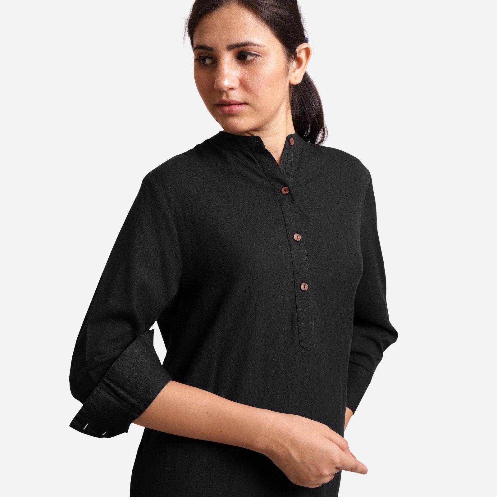 Black Cotton Flax Knee Length Shirt Dress 50