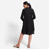 Back View of a Model wearing Black Cotton Flax Shirt Dress