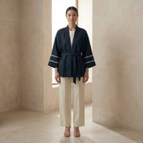 Black Cotton Flax Kyoto Kimono Sleeve Wrap Top