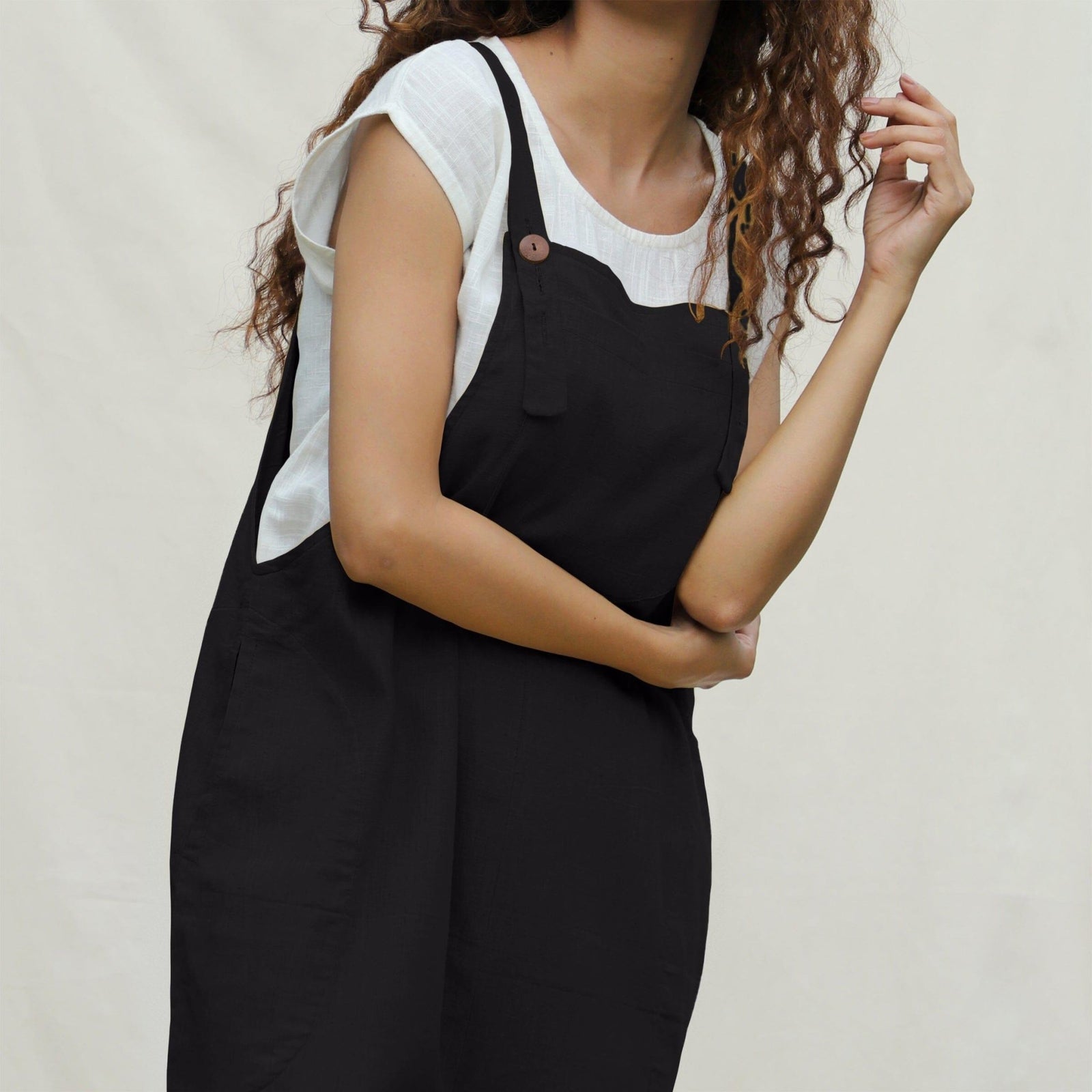 chinese dress ladies Black Cotton Flax Midi Dungaree Jumpsuit 64