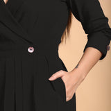 Black Cotton Flax Notched Collar Midi Pleated Wrap Dress