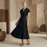 Black Cotton Flax Paneled A-Line Midi Dress