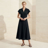 Black Cotton Flax Paneled A-Line Midi Dress