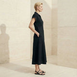 Black Cotton Flax Paneled A-Line Midi Dress