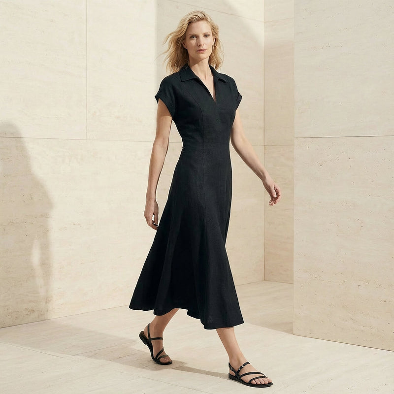 Buy Black Cotton Flax Paneled A-Line Midi Dress Online at SeamsFriendly