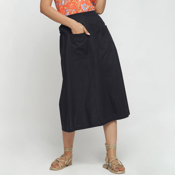 Black Cotton Flax Paneled Elasticated Midi Skirt