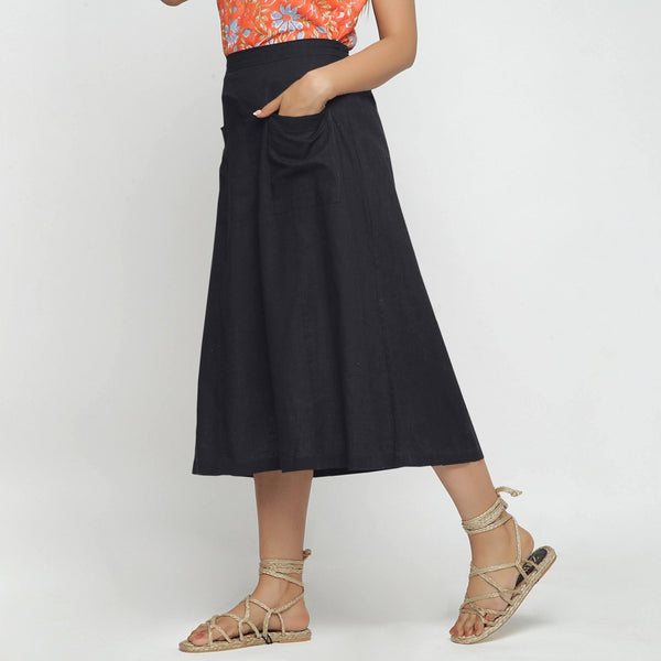 Black Cotton Flax Paneled Elasticated Midi Skirt