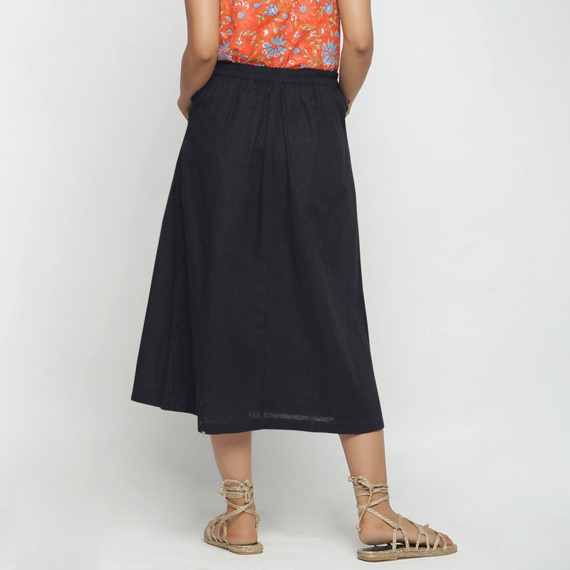 Black Cotton Flax Paneled Elasticated Midi Skirt