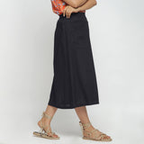 Black Cotton Flax Paneled Elasticated Midi Skirt