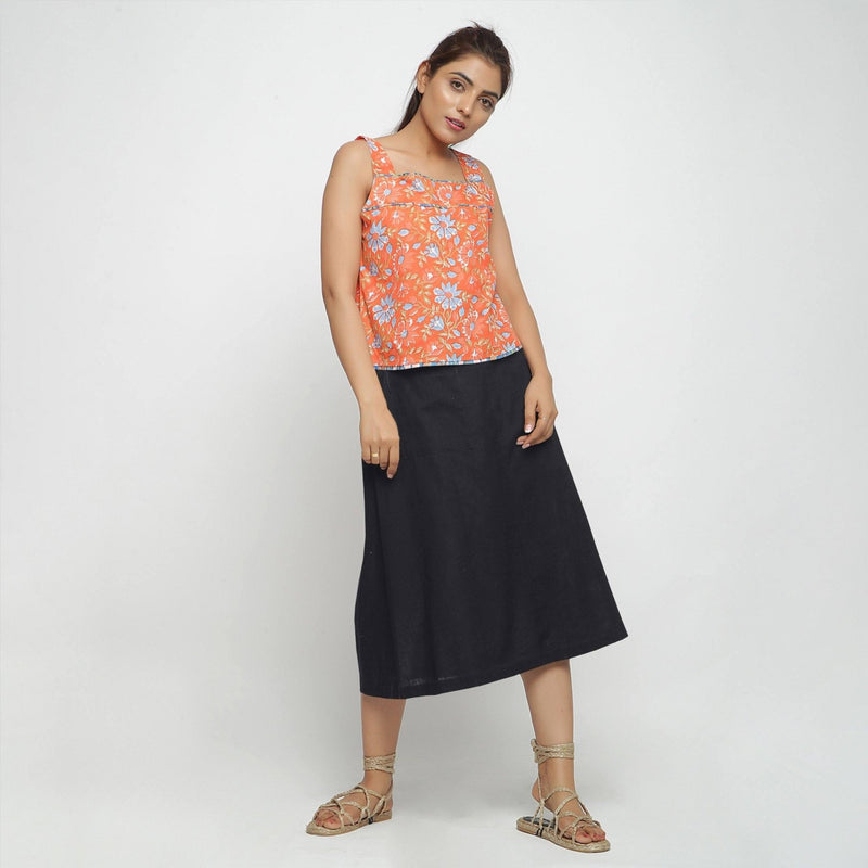 Black Cotton Flax Paneled Elasticated Midi Skirt