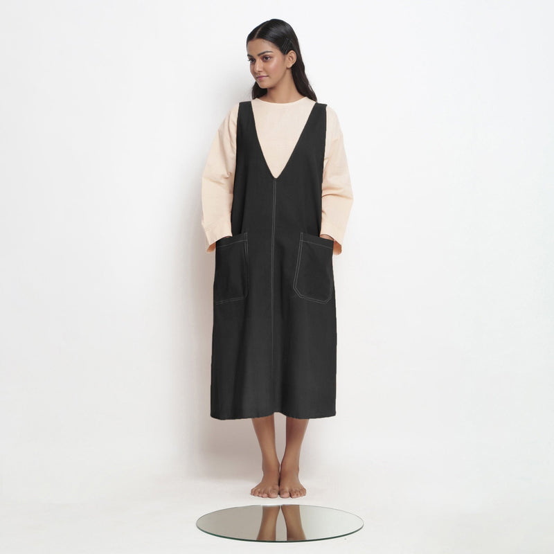 Black Cotton Flax Paneled Midi Shift Dress