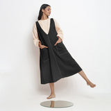 Black Cotton Flax Paneled Midi Shift Dress