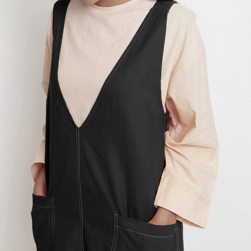 Black Cotton Flax Paneled Midi Shift Dress