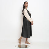 Black Cotton Flax Paneled Midi Shift Dress