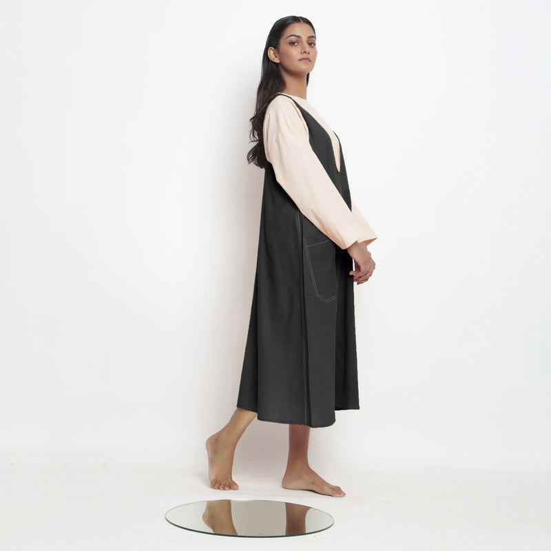 Black Cotton Flax Paneled Midi Shift Dress