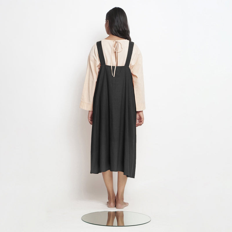 Black Cotton Flax Paneled Midi Shift Dress