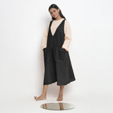 Black Cotton Flax Paneled Midi Shift Dress