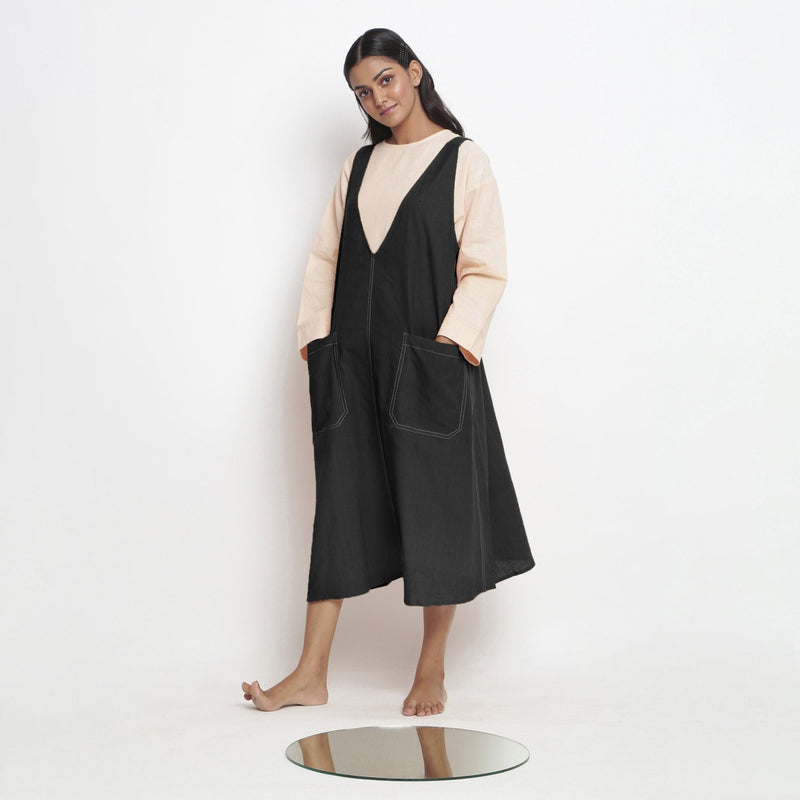 Black Cotton Flax Paneled Midi Shift Dress