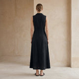 Black Cotton Flax Paneled Sleeveless Maxi Dress